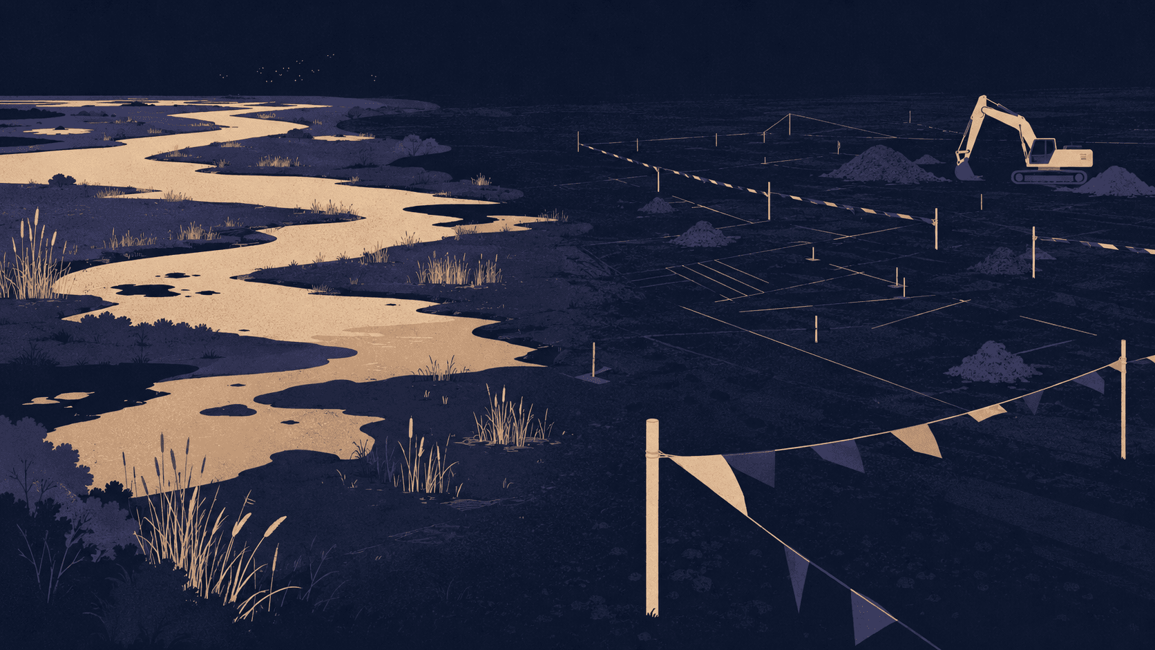 Illustration of a wetland giving way to a flagged, staked construction site